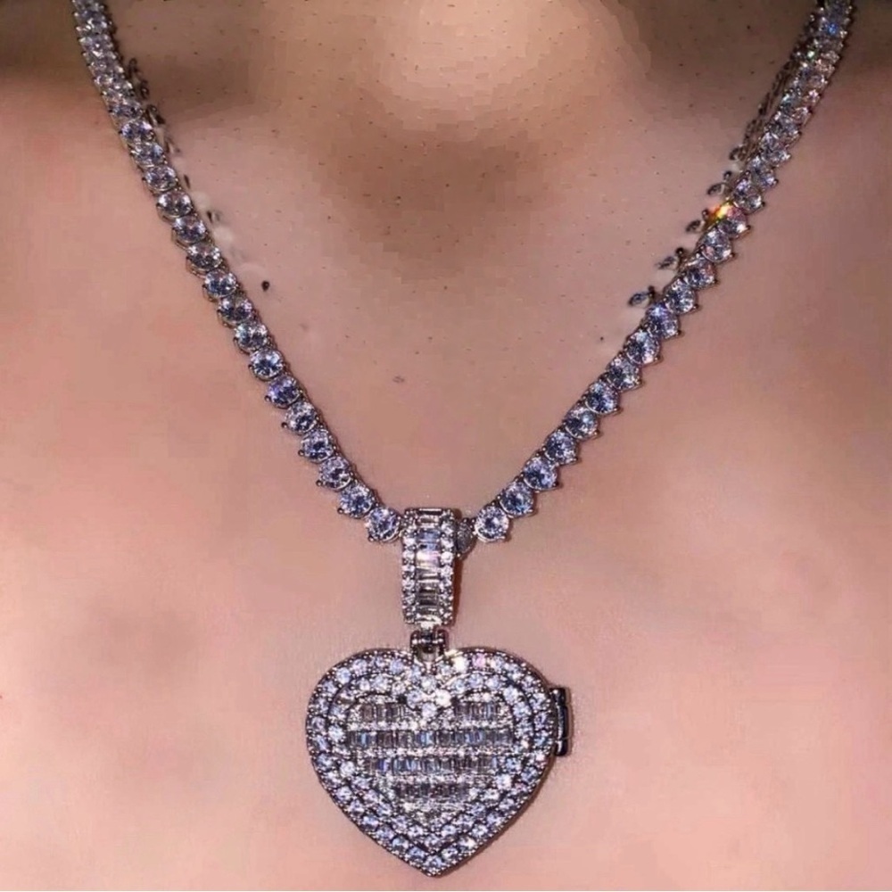 Silver tennis Heart necklace and tennis pendant set 16inch